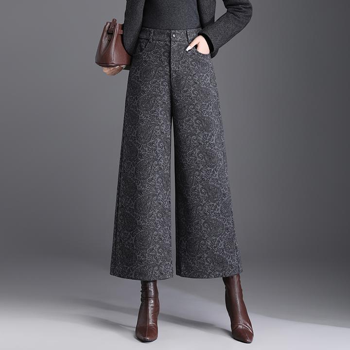 2025秋冬新款羊毛呢九分阔腿裤女高腰宽松垂感印花休闲大脚裤子