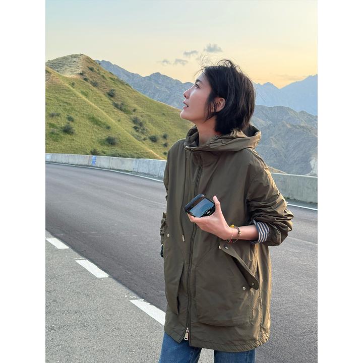 LANGQING 军绿色宽松中长款连帽外套女新款开衫长袖上衣44246#