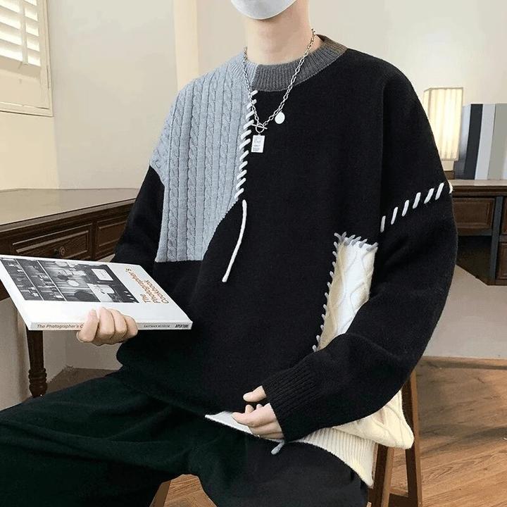 仓石一树潮牌毛衣个性手工缝合拼色设计男士毛衣针织衫撞色毛衫男