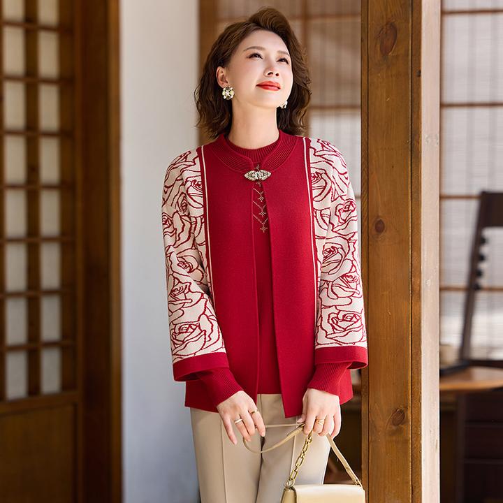 中老年女装洋气妈妈装秋冬新款针织两件套上衣毛衣开衫外套打底衫