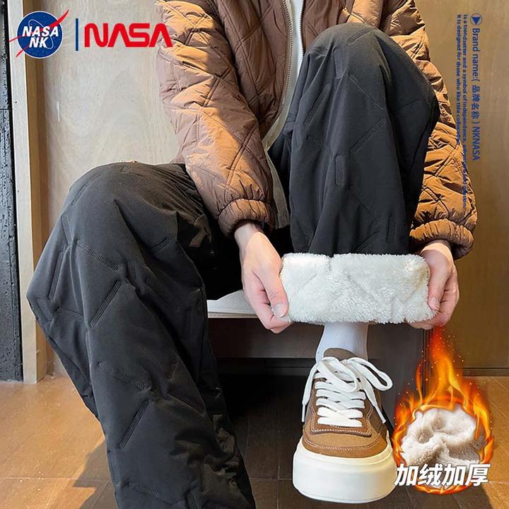 NASA联名菱形格保暖休闲棉裤男士冬季宽松加厚羊羔绒百搭直筒裤子