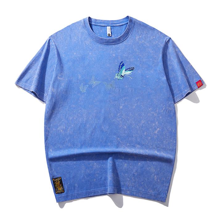 (蝶影)新款夏季蝴蝶刺绣圆领纯棉短袖T恤重磅水洗国潮短袖男上衣
