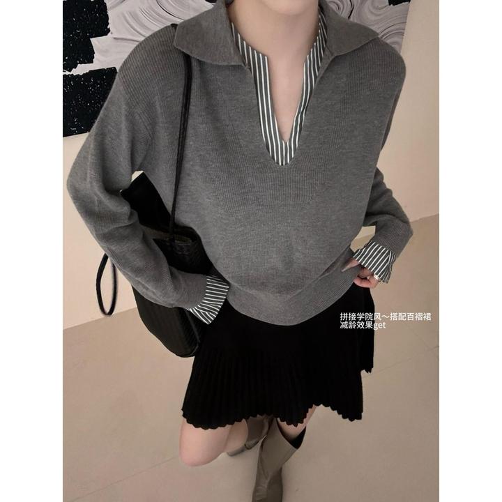 韩系假两件撞色拼接条纹针织衫女2025秋冬设计感显瘦气质长袖上衣
