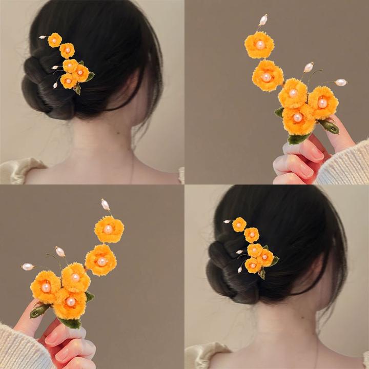 大橘大利！汉服头饰仿绒花发夹！发饰中国风侧边夹秋冬款古装配饰