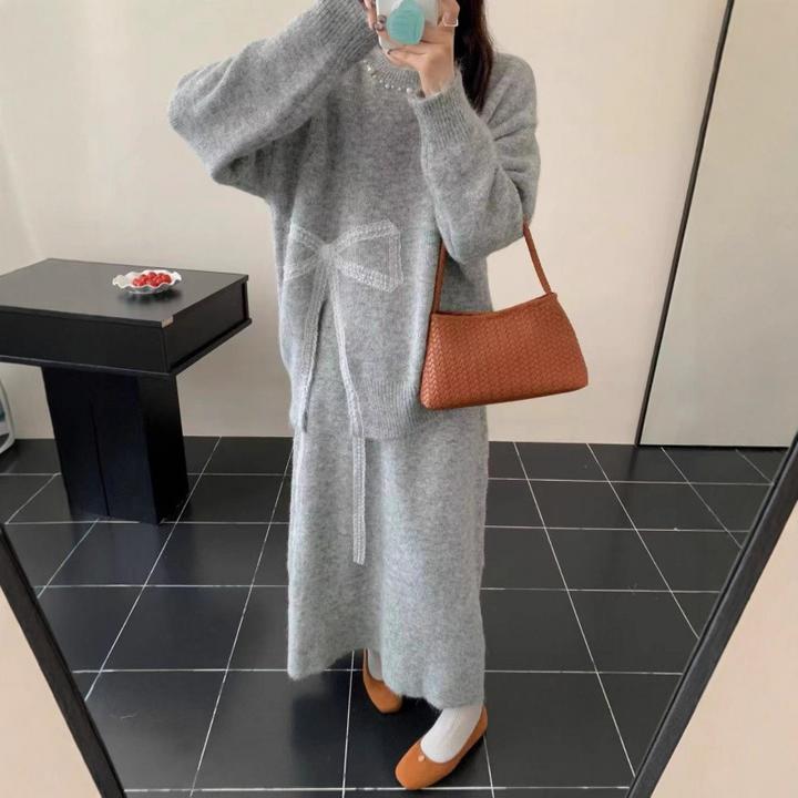 YS不规则蝴蝶结开叉针织半裙套装女秋冬大码胖mm孕妇装毛衣两件套