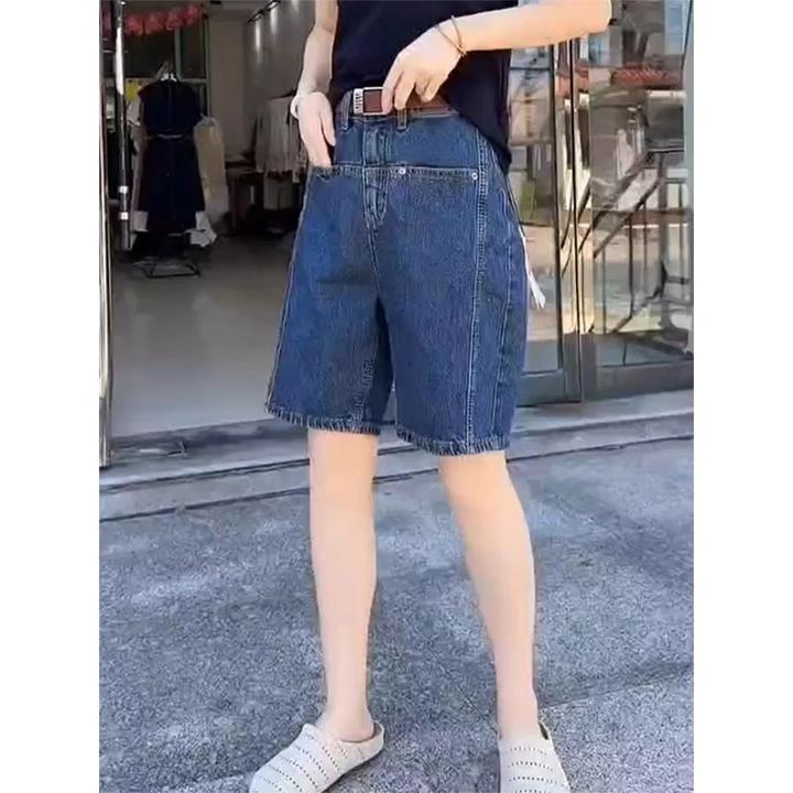 大码女装蓝色牛仔短裤女夏季梨型身材高腰宽松显瘦五分a字中裤子