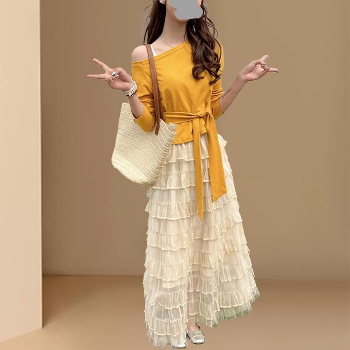 时尚设计感别致穿搭斜肩绑带上衣层次感少女感半身裙春秋款套装女