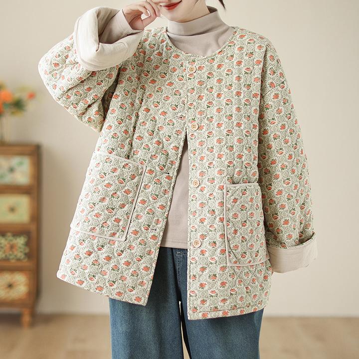 宽松加厚保暖百搭温柔长袖圆领棉衣外套复古民族风碎花小棉服女式