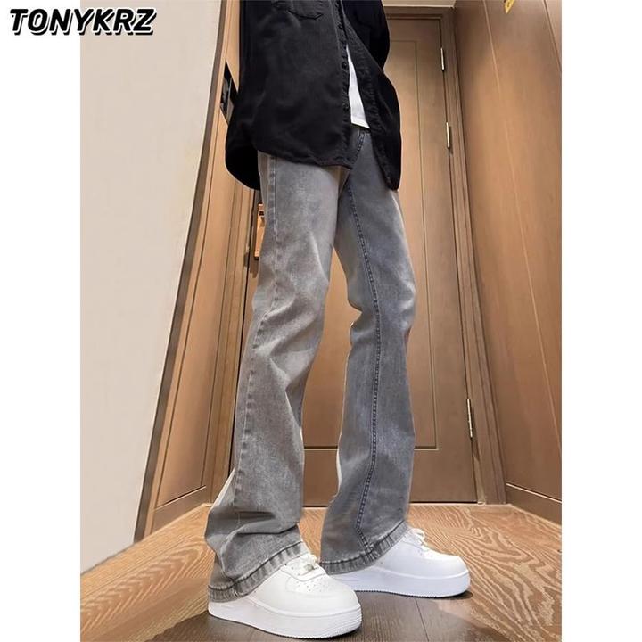 TONYKRZ高街潮牌vibe美式水洗牛仔裤子男雾霾灰ootd微喇直筒长裤