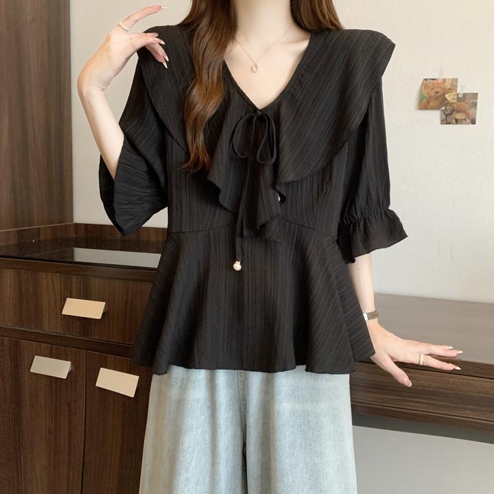 大码独特漂亮荷叶边V领短袖衬衫女夏季胖mm气质甜美遮肉显瘦上衣