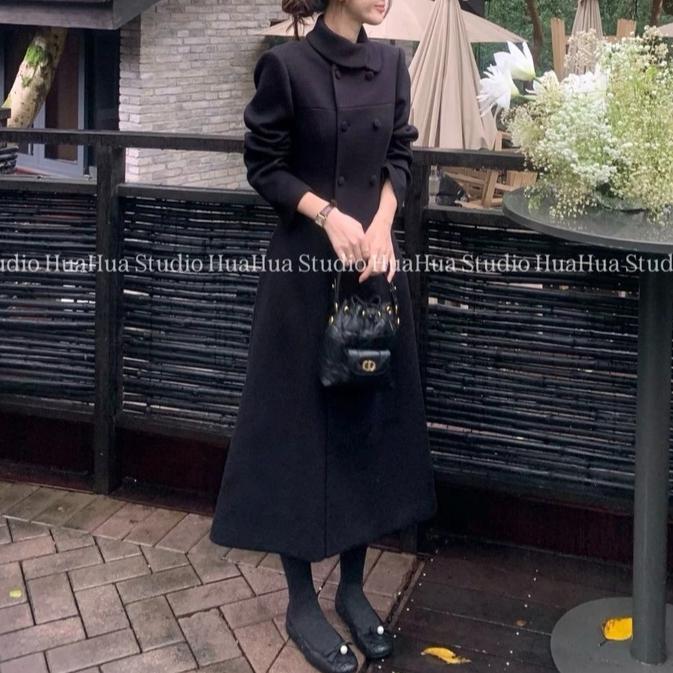 花花奥黛丽~韩版小翻领分割线双排扣小香设计感毛呢大衣
