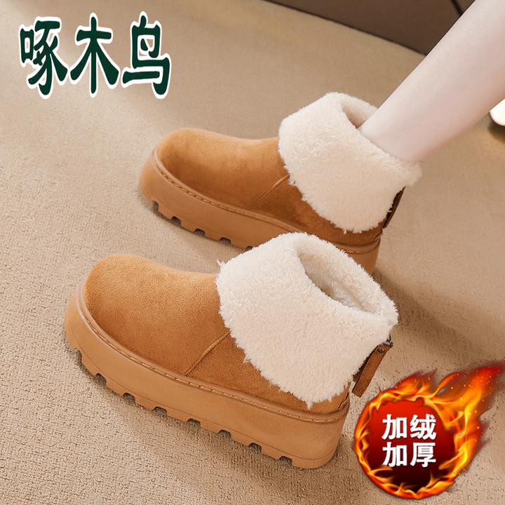 啄木鸟真皮雪地靴女2025冬季新款加绒加厚棉鞋时尚厚底保暖马丁靴