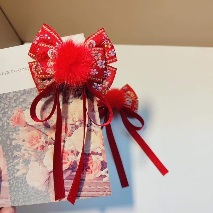 中国风红色蝴蝶结流苏飘带儿童新年喜庆发夹发饰女童古装头饰对夹