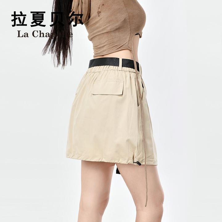 拉夏贝尔卡其色辣妹工装裙女休闲百搭高腰防走光显瘦a字半身短裙