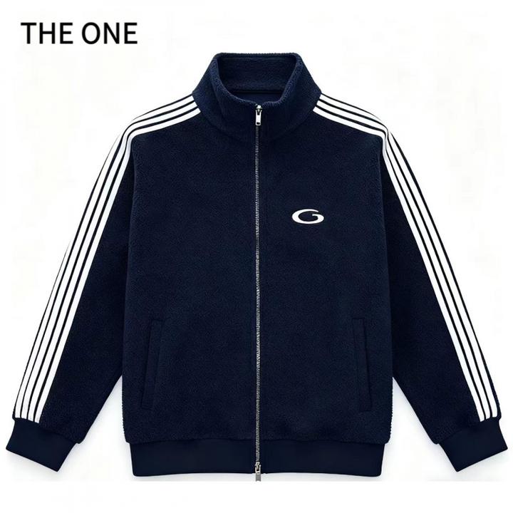 秋冬新款巴家五条杠拼接撞色刺绣字母立领夹克宽松休闲情侣外套