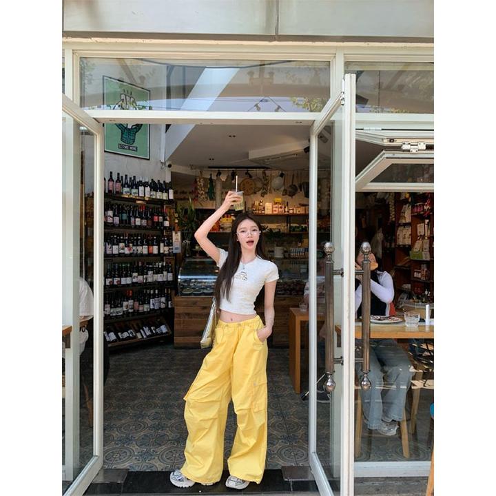 2025春夏季新款修身显瘦设计感印花正肩短袖上衣休闲宽松直筒长裤