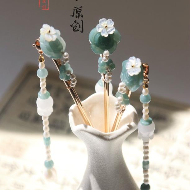 原创天然蓝水玫瑰花发簪新中式国风汉服旗袍日常盘发流苏发饰