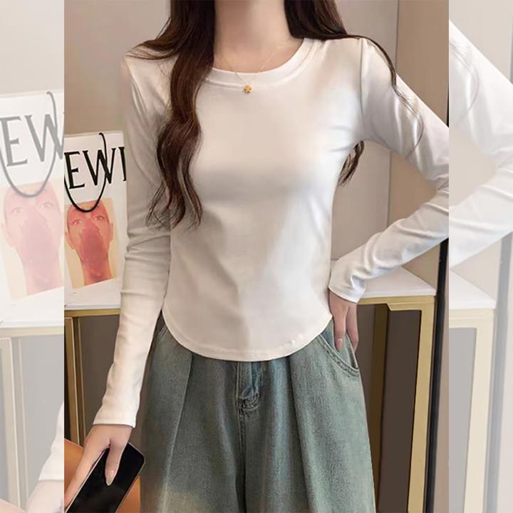 婳娇秋冬白色长袖打底不规则T恤女圆领修身叠穿内搭纯色正肩上衣