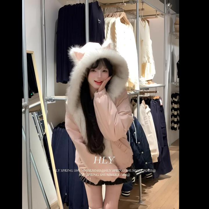 粉色可爱猫耳朵毛领连帽棉服外套女秋冬季加绒加厚小个子甜美上衣