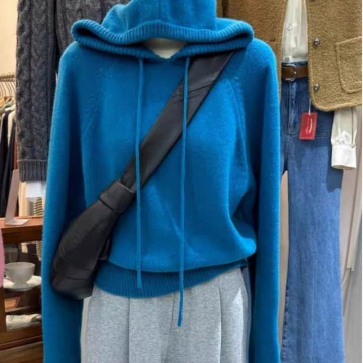 杭州四季青女装广州十三行克莱因蓝色连帽毛衣秋冬季带帽针织上衣