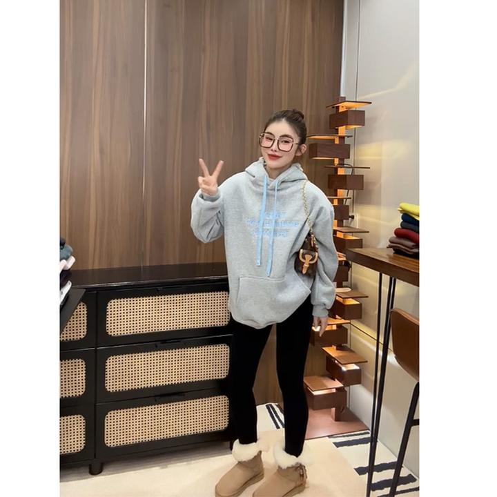 韩版卫衣厚款印花连帽卫衣针织百搭秋冬季字母刺绣