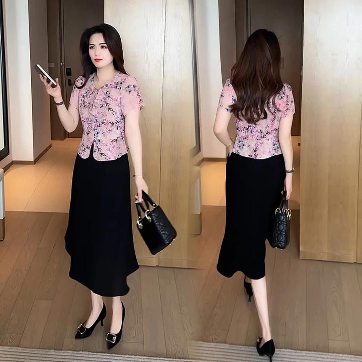假两件印花连衣裙妈妈款女夏季新款时尚拼接妈妈装减龄裙子