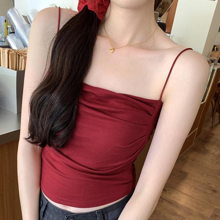 百搭褶皱设计感小吊带修身显瘦内搭外穿带胸垫一体背心打底上衣女