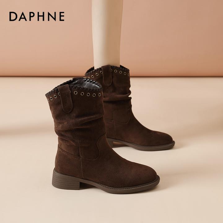 达芙妮加绒中筒靴子女2025冬季新款美拉德短靴咖色西部牛仔靴保暖