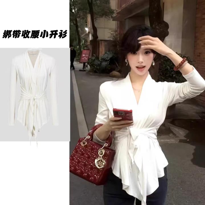【浪漫自来】微胖修身显瘦叠领收腰绑带V领开衫 软糯凉感外穿开衫女