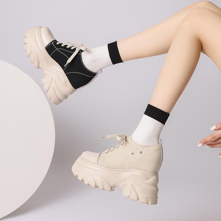 小个子12cm增高春季松糕底单鞋圆头帆布女鞋时尚休闲接拼内增高鞋