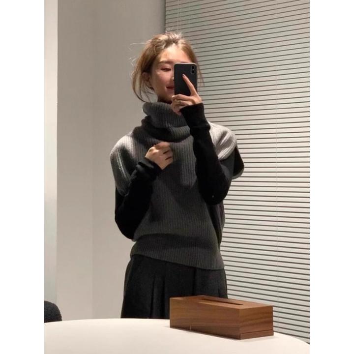 老钱风灰色高领针织马甲背心女秋冬季高级感叠穿坎肩毛衣无袖上衣