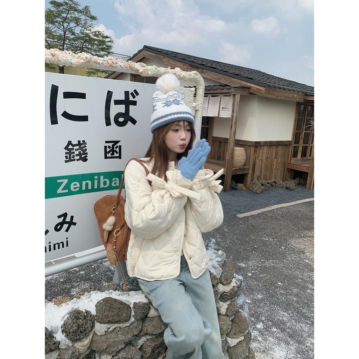 切糕自制【冬日甜格】小个子女设计感百搭质感花苞袖菱格棉服