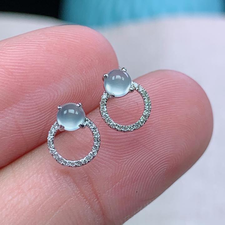 j缅甸天然翡翠A货8.3-6.9玉石18k金镶嵌老坑冰种白冰蛋面耳钉耳饰