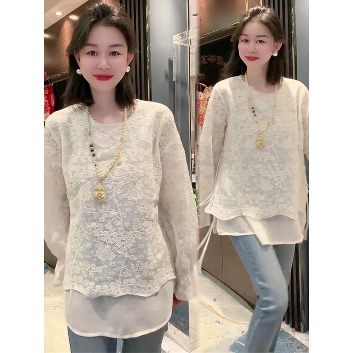 欧货高级感假两件蕾丝刺绣衬衫女2025春新款法式高级感小清新衬衣