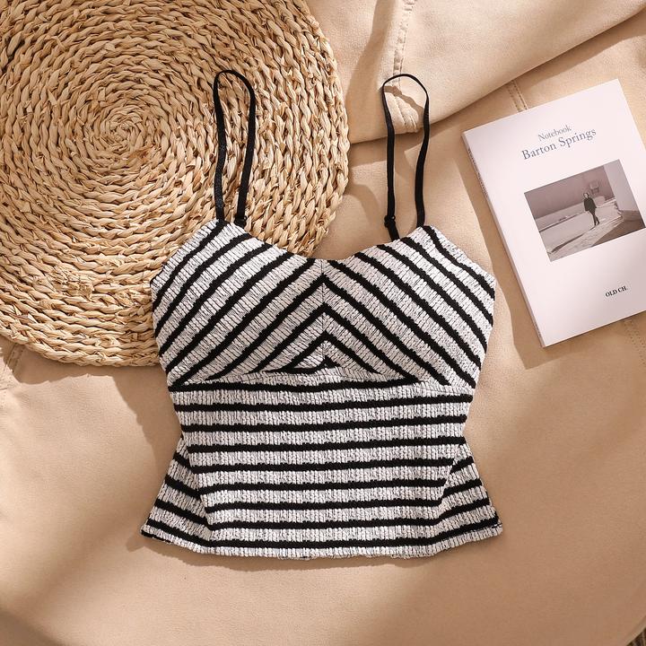 性感黑白条纹吊带背心女新款时尚减龄带胸垫显瘦修身内搭美背上衣