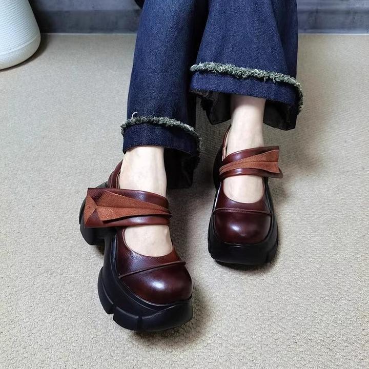 UHCK软皮复古厚底粗跟单鞋2025春秋季新款魔术贴增高一字带松糕鞋