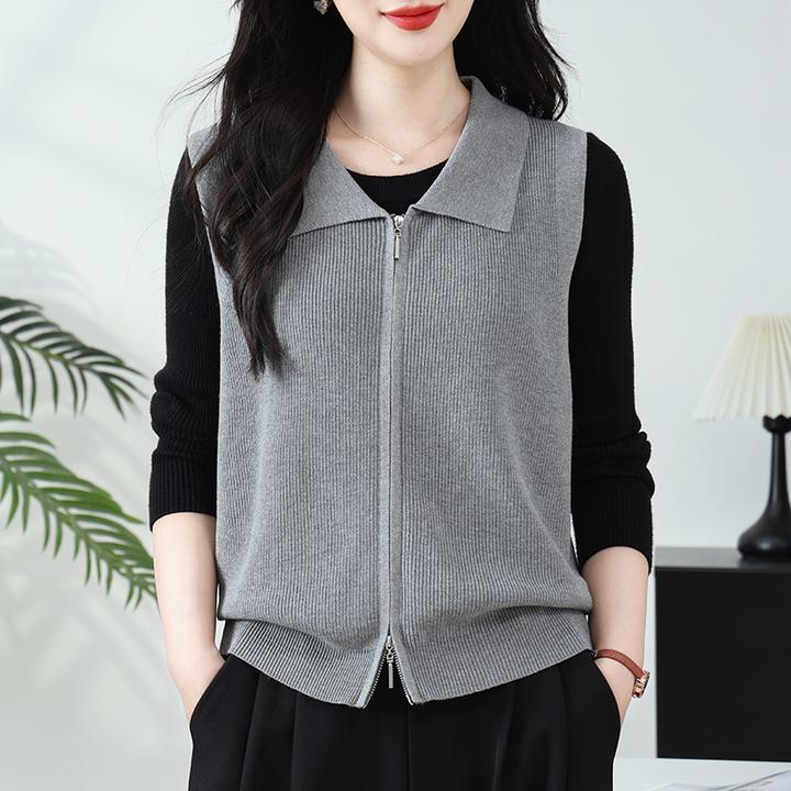 翻领拉链针织开衫马甲背心女士春秋2025新款时尚外穿V领毛衣坎肩