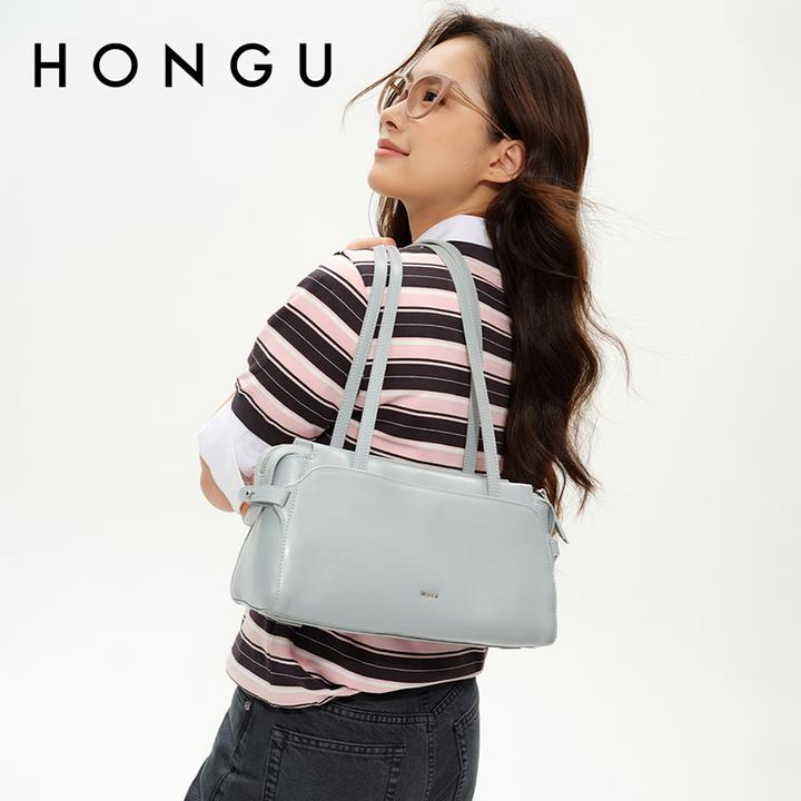 HONGU/红谷包包2025新款质感真皮单肩腋下包通勤牛皮保龄球包女包