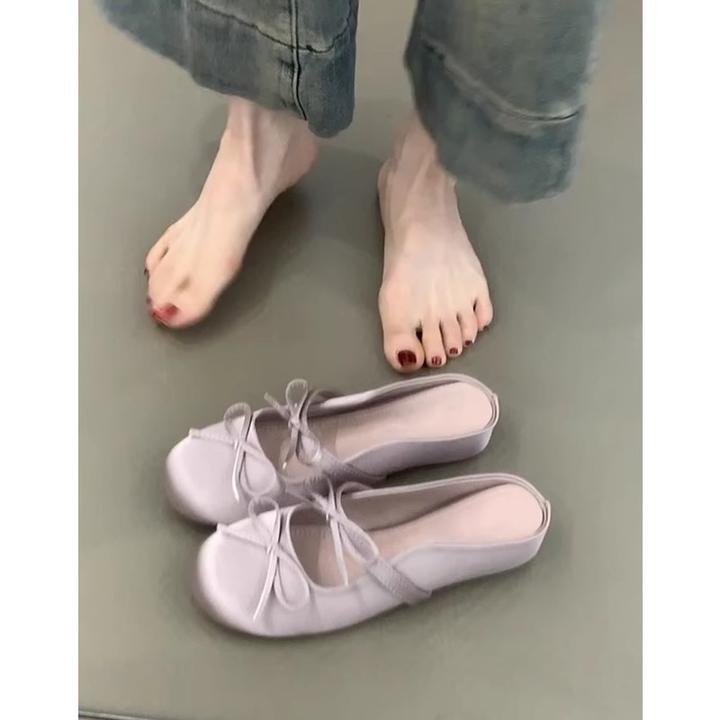 啄木鸟内增高紫色包头半拖鞋女款2025年新款夏季双蝴蝶结玛丽珍鞋