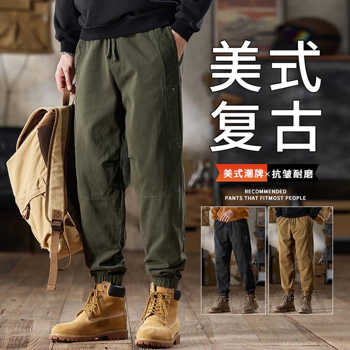 美式重磅工装裤男士2025新款宽松束脚纯棉潮牌秋冬加绒休闲长裤子