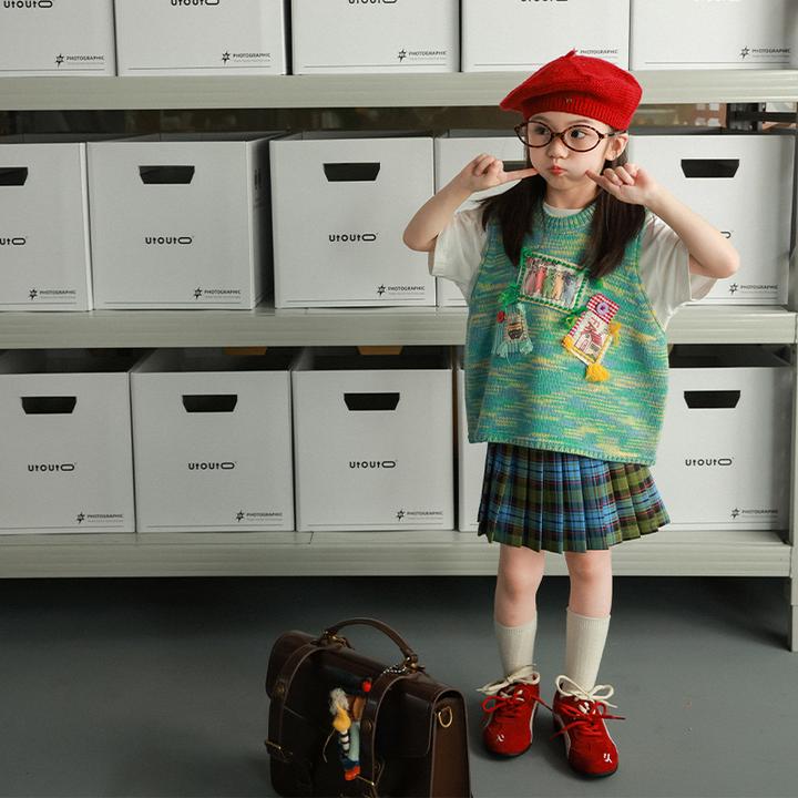 utouto女童贴布绣毛衣马甲2025秋季新款纯羊毛针织上衣2501322