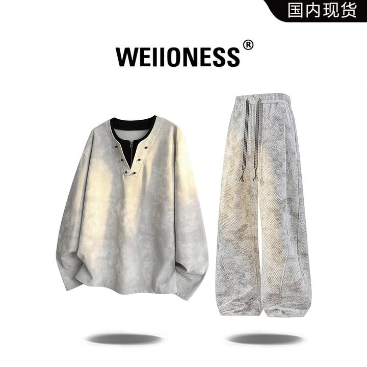 WEIIONESS假两件T恤两件套男士春秋季潮牌扎染痞帅套装高级感男装