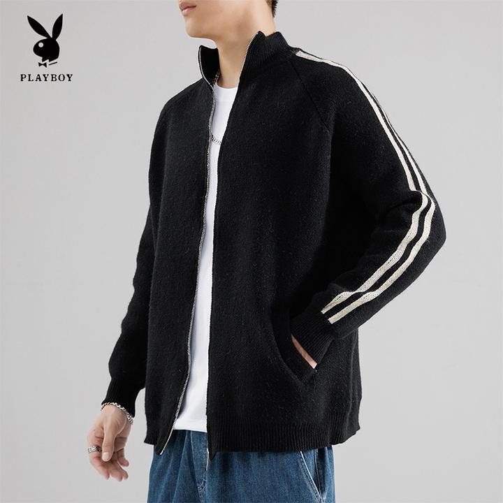 花花公子针织开衫外套男士春秋季潮牌立领夹克高级感宽松帅气毛衣