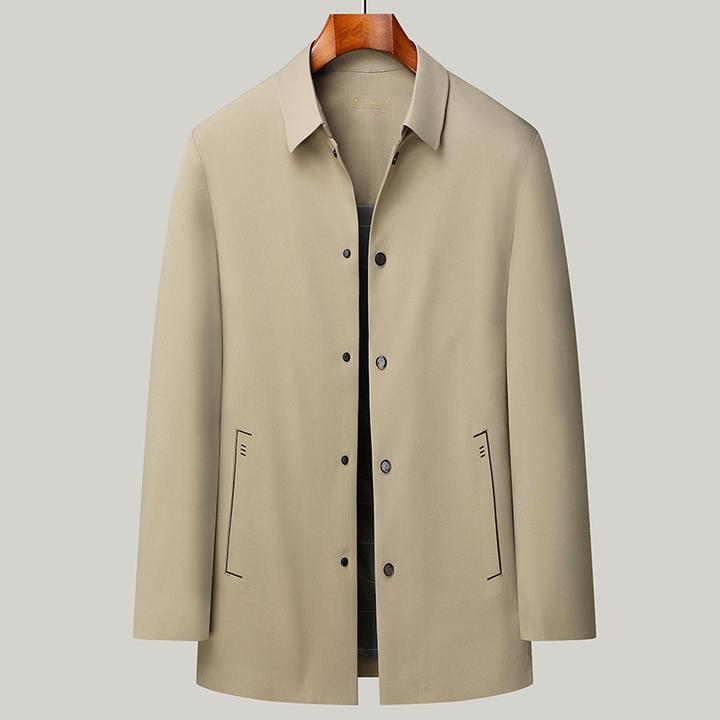 2023秋季中青年男士休闲商务中长款翻领风衣干部风纯色单排扣外套