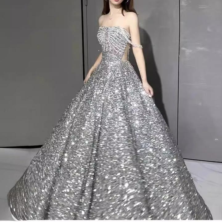 晚礼服主持人学生日成人礼艺考礼服2025新款亮闪闪银色敬酒服新娘