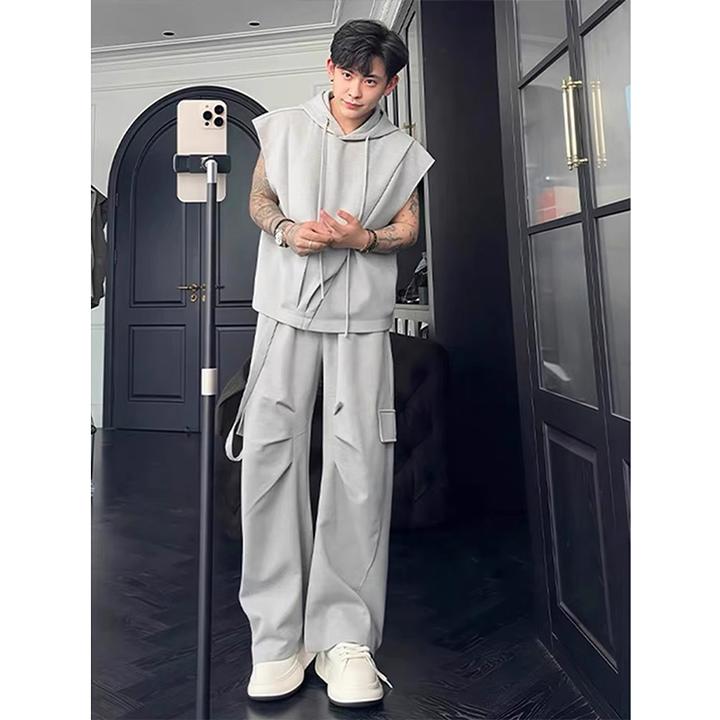 灰色无袖连帽卫衣套装男生酷帅穿搭一整套休闲运动服夏季薄款卫裤