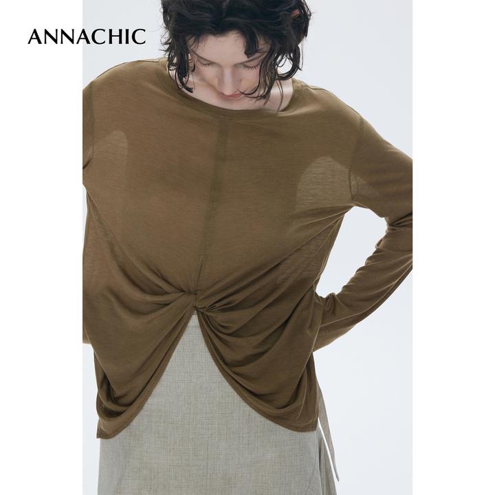 ANNACHIC正反两穿_微透空气感扭结开叉长袖T恤女宽松防晒罩衫上衣