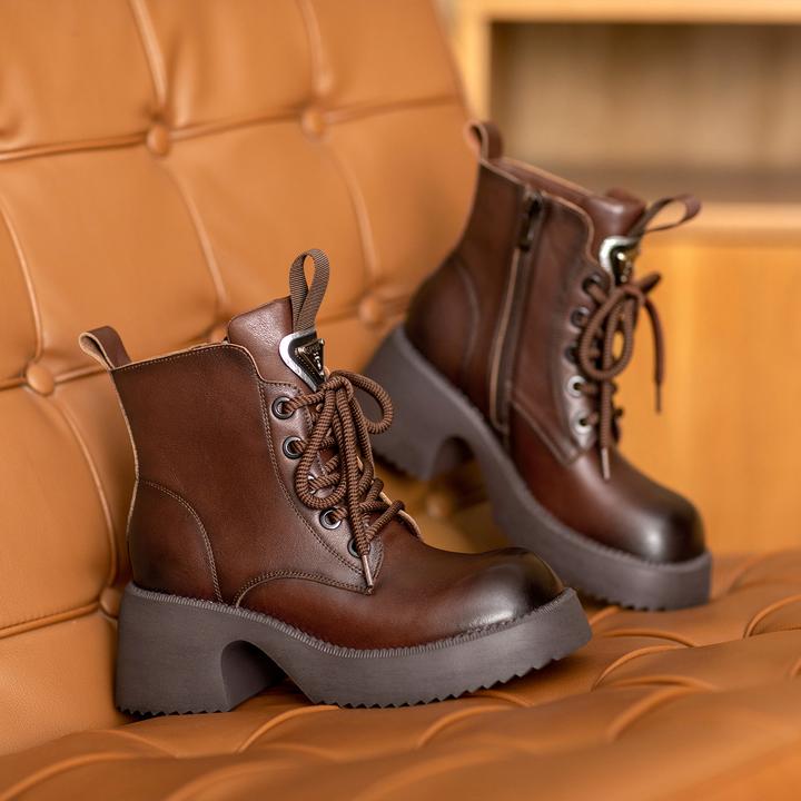 英伦风厚底马丁靴女2025秋冬新款复古增高短筒系带短靴真皮女靴子