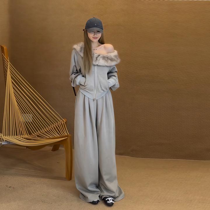 休闲运动斜肩卫衣套装女秋冬慵懒风可拆卸毛毛领外套阔腿裤两件套
