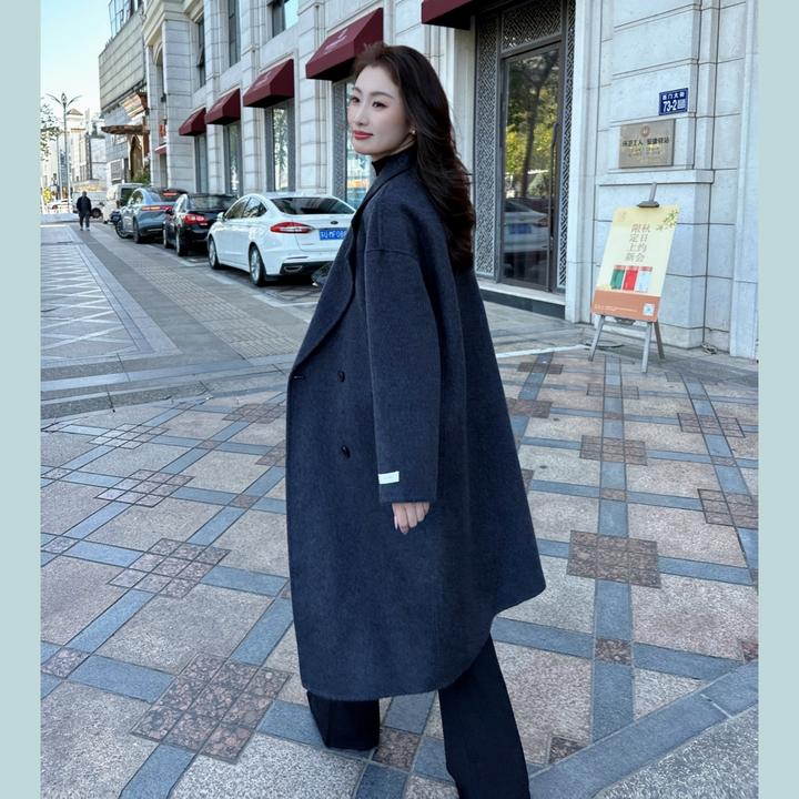 【文七七】100%初剪羊毛双面羊毛中长款大衣小个子经典四粒扣外套